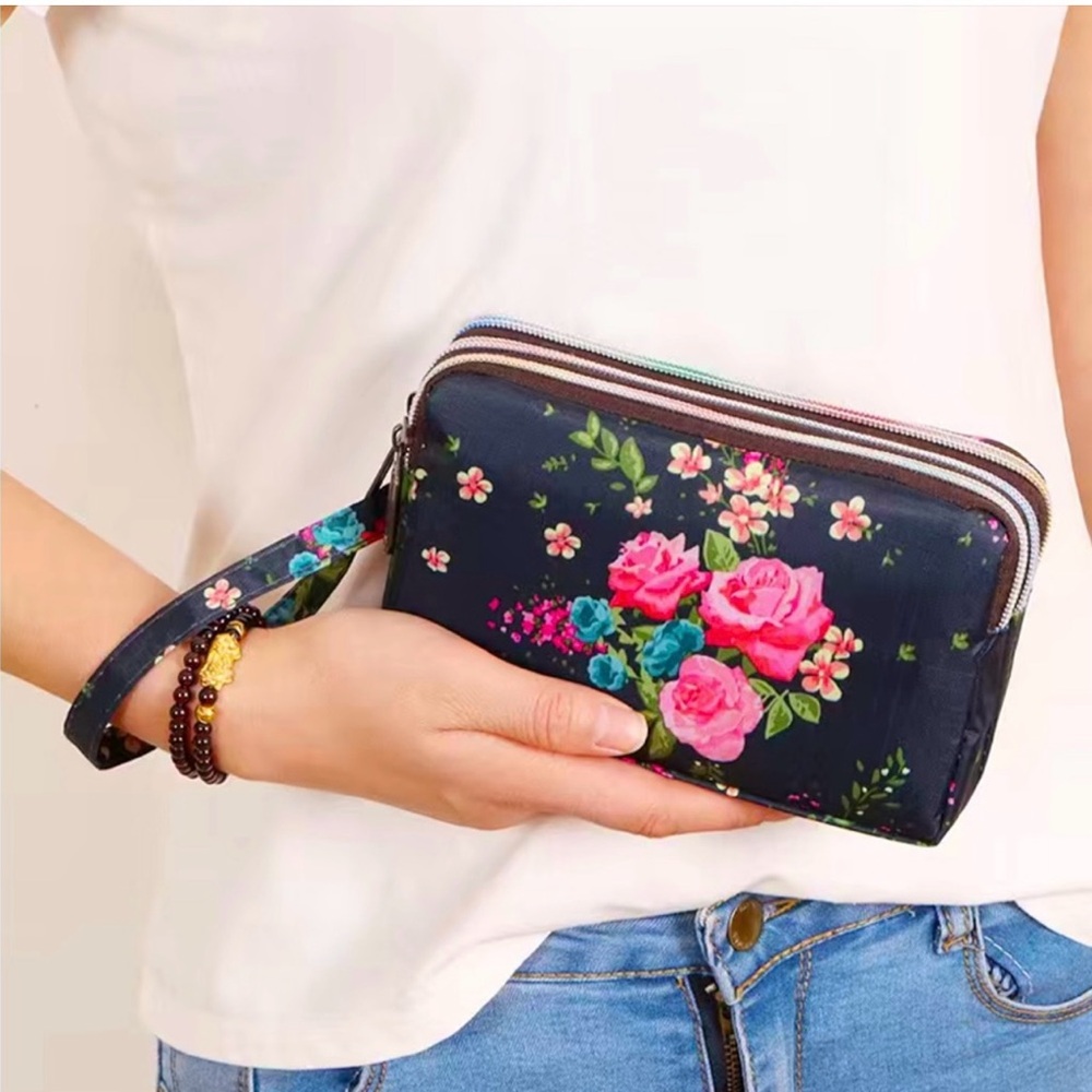 Floral Wristlet Clutch - Dark Navy with Pink Accents